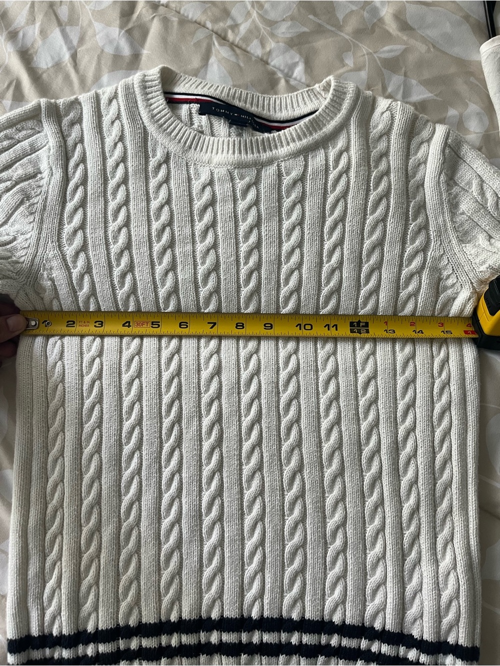 Tommy Hilfiger White Cable Knit Crewneck Sweater with Navy & Tan Stripes - Picture 6 of 6